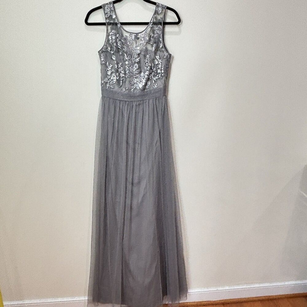 AMSALE Smokey Gray Mesh Sequin Evening Dress Gown Lined 6 Bridesmaid Wedding NWT